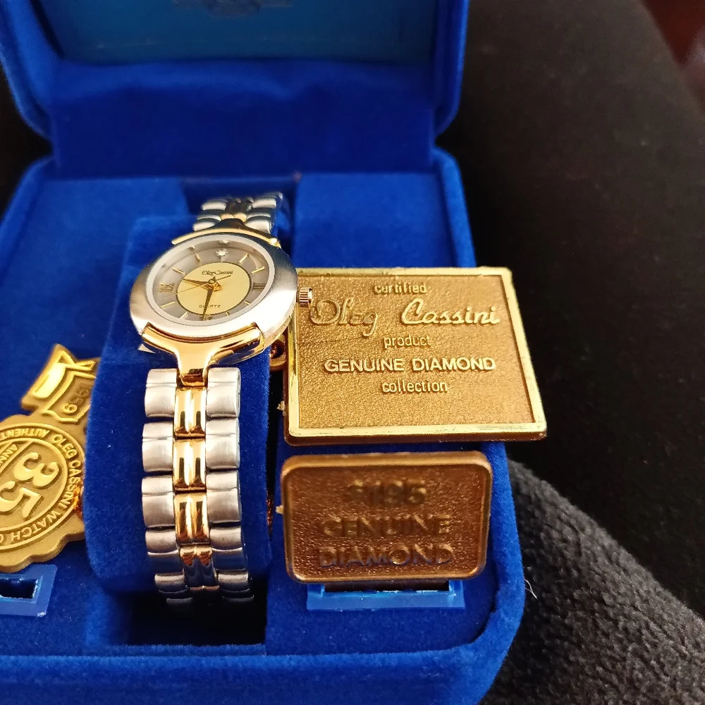 Oleg Cassini Vintage NIB genuine diamond watch two toned gold and silver